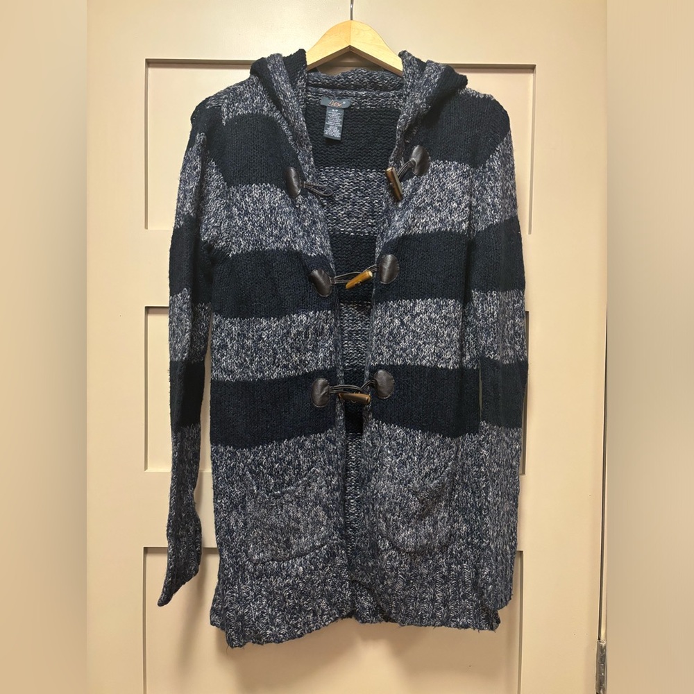 DEX Knit Cardigan Hooded Toggle Striped Midi Sweater Robe Navy Grey Y2K